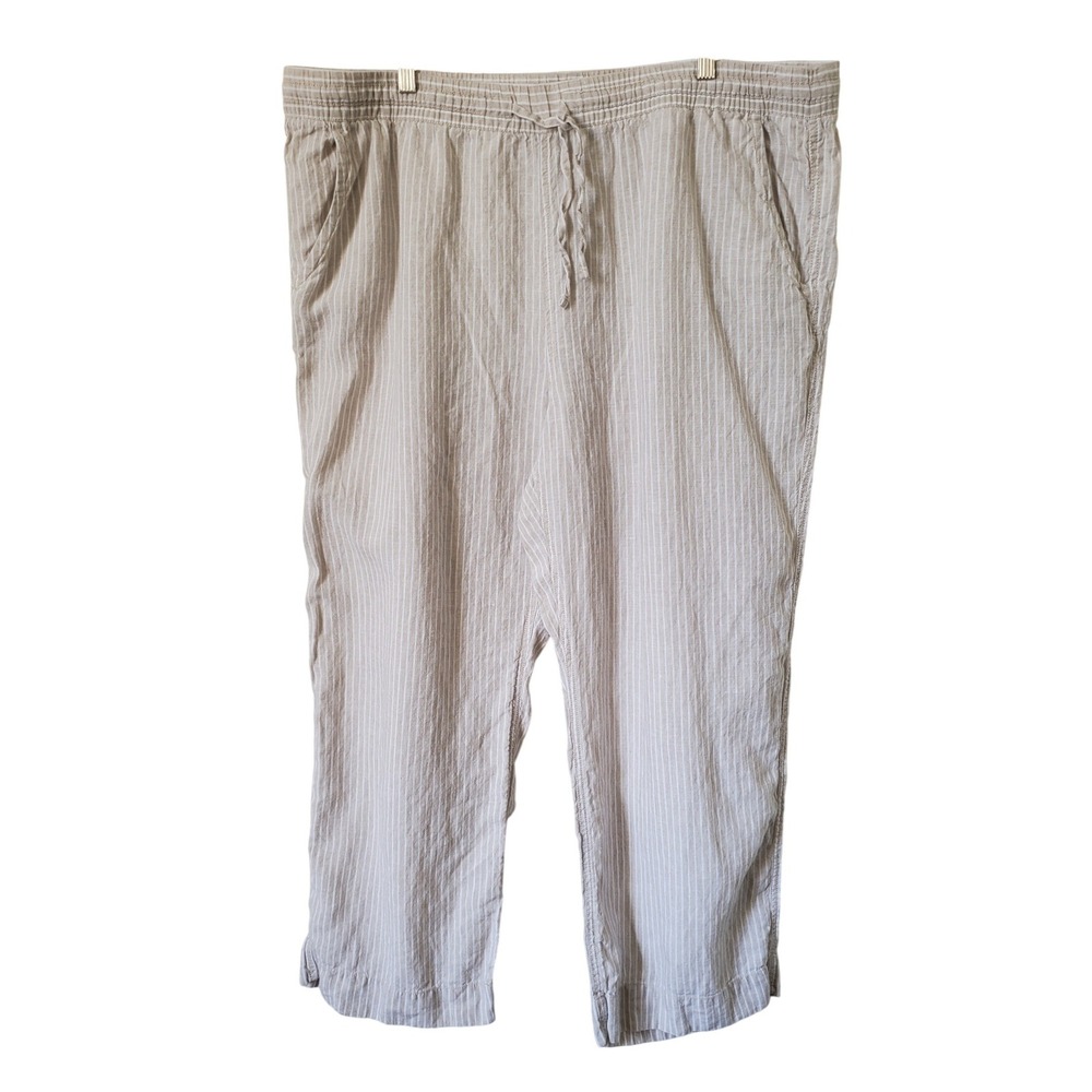 LL Bean 100% Linen Wide Leg‎ Pants Beige White Stripe Women's 22W Elastic Waist